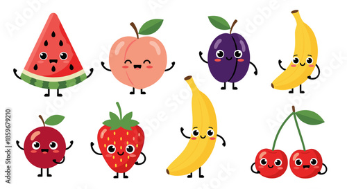 Collection of cute and funny cartoon fruit characters with happy faces including a watermelon strawberry banana and cherry for kids.