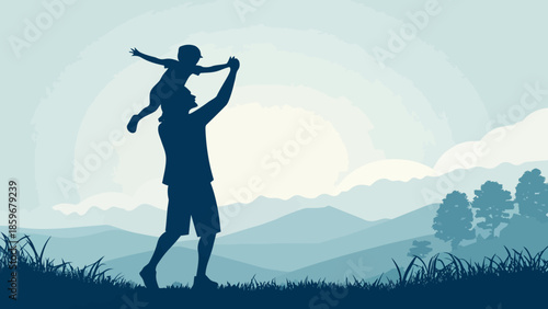 Father playfully lifts child in joyful outdoor moment