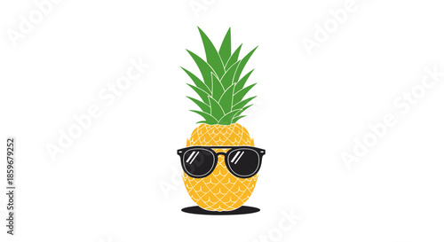 Cool cartoon pineapple character wearing black sunglasses representing a fun and tropical summer vacation vibe on a white background.