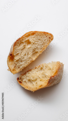 Fresh rustic bread loaf broken in half isolated on white background
