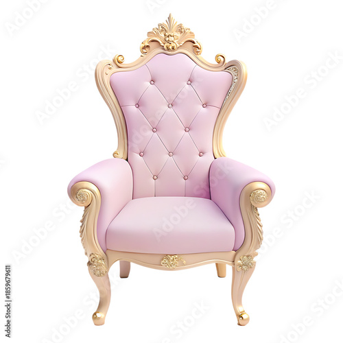Elegant pink and gold throne chair with detailed carvings on transparent background