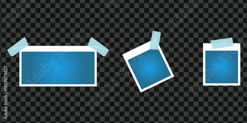 Three blue photo frames with tape