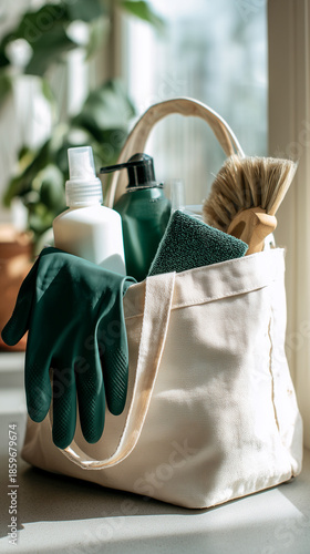 Cleaning supplies in cotton bag with green gloves and spray bottles by window