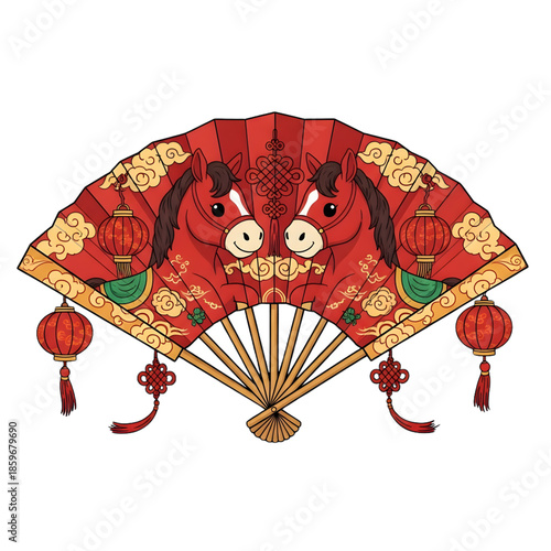 A vibrant red Chinese New Year fan with dragon designs and lanterns on a white background, showcasing traditional cultural elements.
