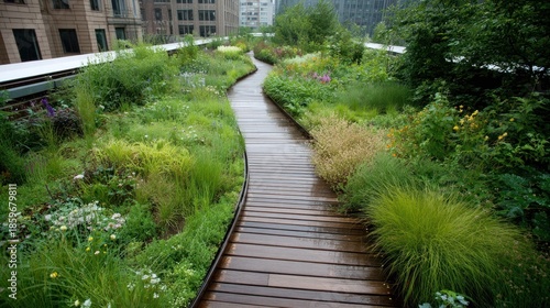 Elevated park walkway meanders through lush, rain-dampened urban greenery