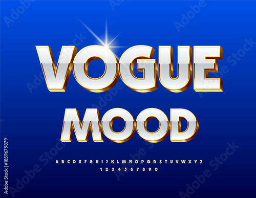 Vector Elite template Vogue Mood. Stylish White and Golden Font. Shiny Alphabet Letters and Numbers set.