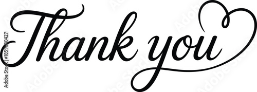 Stylized black script Thank you lettering with a long flowing heart extension on a bright white background