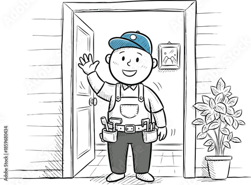 Friendly handyman waving hello at the doorstep