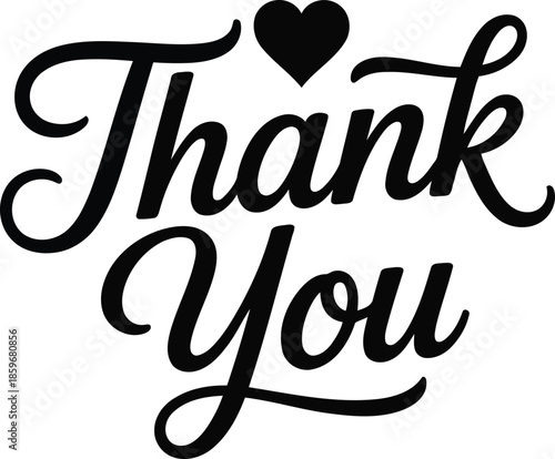 This image shows a stylized black Thank You script with a small heart above the u on a white background