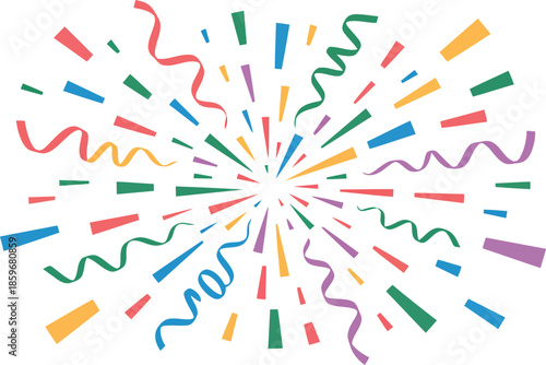 This vibrant image shows a colorful explosion of confetti streamers and rectangular shapes radiating outwards from the center