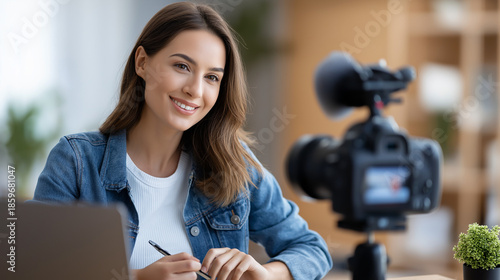 Female content creator recording video faceless, digital content production, filming setup, creator workspace, defocused background, with copy space