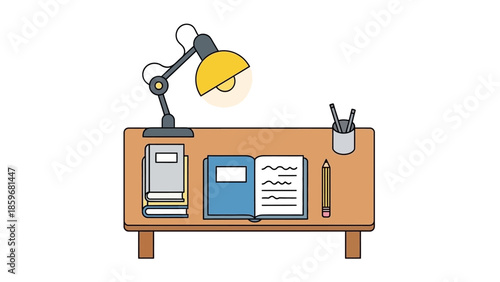 Desk with Lamp and Office Supplies.