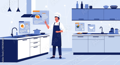 Modern kitchen with chef interacting with digital interface for recipe guidance and culinary