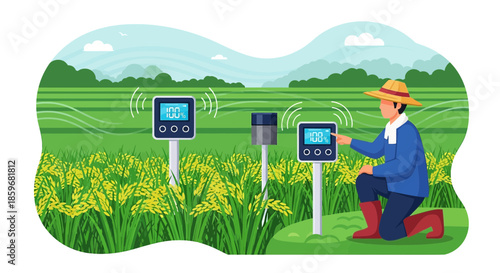 Modern rice farming innovation: farmer utilizing advanced sensor technology in the field for