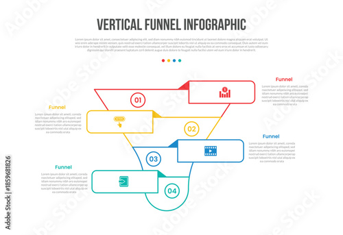 funnel vertical shape infographics template diagram with ribbon badge on top folder with opposite direction with 4 point step creative simple flat outline