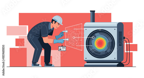 Modern technology and maintenance: Technician diagnosing machinery with futuristic interface for