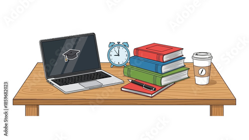 Laptop and Books on Wooden Table.