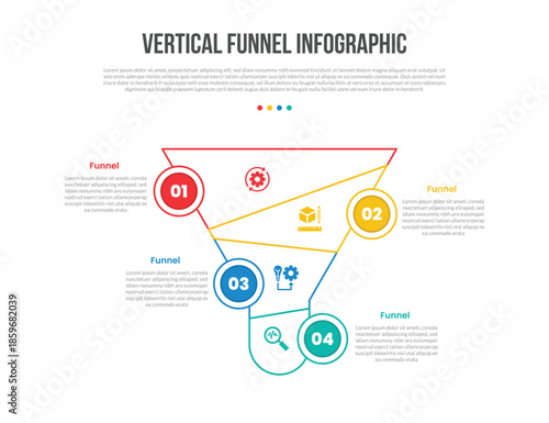 funnel vertical shape infographics template diagram with skew cut line unbalance with circle badge opposite with 4 point step creative simple flat outline