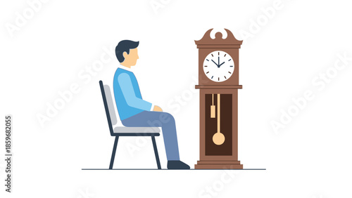 Man Sitting Beside Grandfather Clock Waiting.