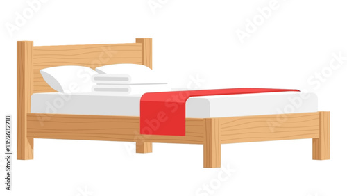 Modern Wooden Bed Frame with Red Blanket.