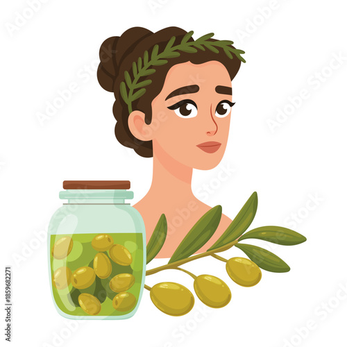 A girl with an olive wreath on her head. Flat vector clipart, illustration with isolated background.