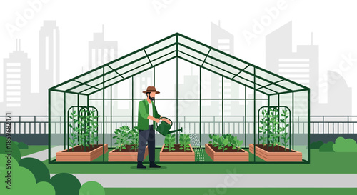 Rooftop garden oasis: A man cultivates fresh produce in his greenhouse against cityscape backdrop