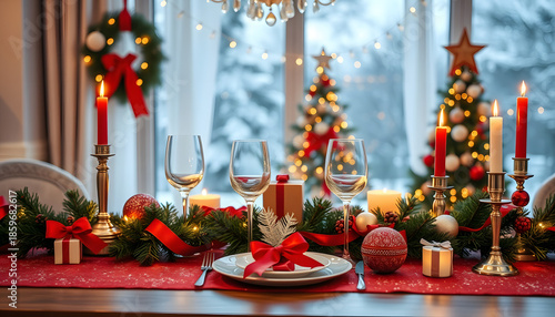 Christmas or new year table setting, photo. White tone
