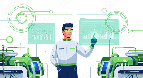 Scientist analyzing data on holographic screens in a futuristic laboratory setting