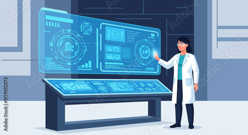 Scientist interacting with holographic interface in a futuristic laboratory environment