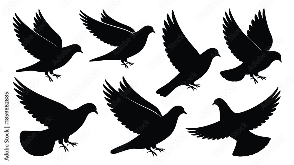 Fototapeta premium Silhouettes of Seven Doves in Flight with Wings Spread pigeon bird