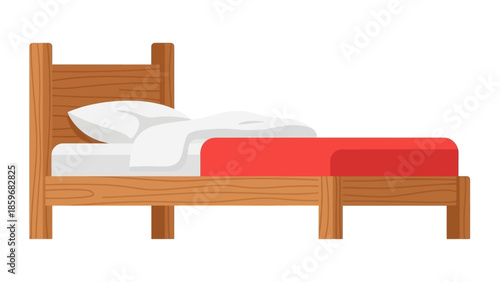 Wooden Bed Frame with Red Blanket.