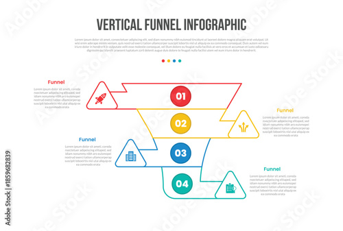 funnel vertical shape infographics template diagram with round triangle edge with opposite position with 4 point step creative simple flat outline