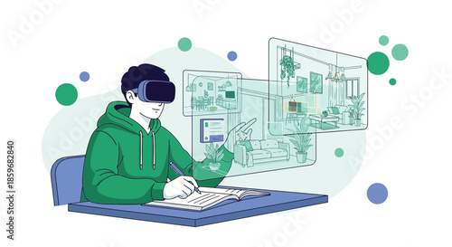 Sketch of a person using virtual reality headset designing interior house with digital interface