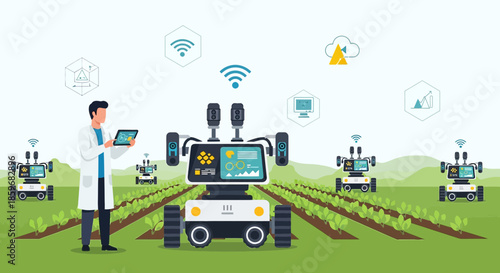 Smart farming innovation with agricultural robots monitoring crops and data analytics leading