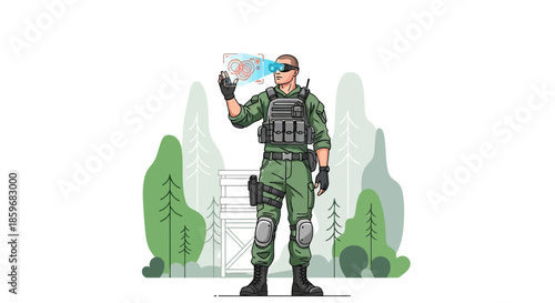 Soldier using virtual reality interface for strategic military planning operation analysis