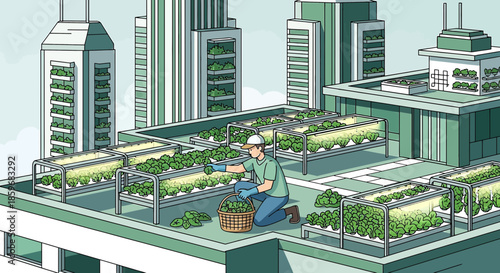 Sustainable urban farming on a rooftop garden with lush greenery and futuristic buildings landscape