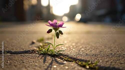 Resilient purple flower blooming in a crack of urban pavement.