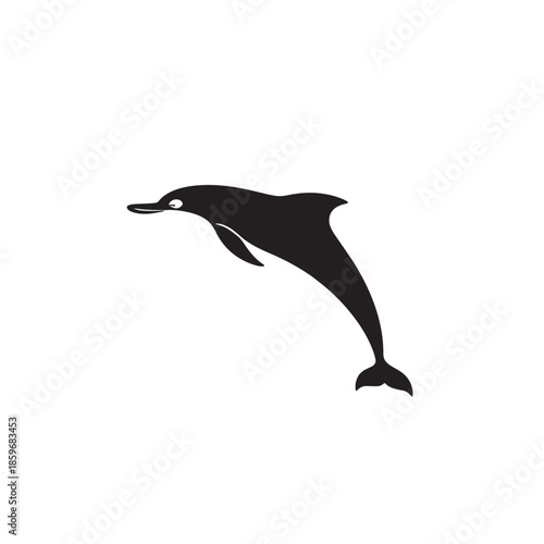 Black dolphin silhouette leaping in the air against a plain white background with smooth curves