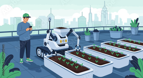 Urban Rooftop Farming with Automated Robot Gardener and Overseeing Human Operator Vector