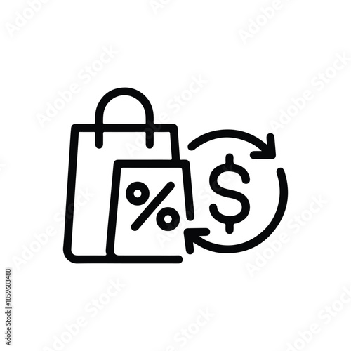 Linear vector icon of a shopping bag with percentage discount exchanging into dollar currency, representing cashback rewards and retail savings.