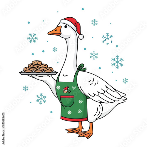 Goose wearing santa hat and apron holding plate of cookies winter holiday animal character