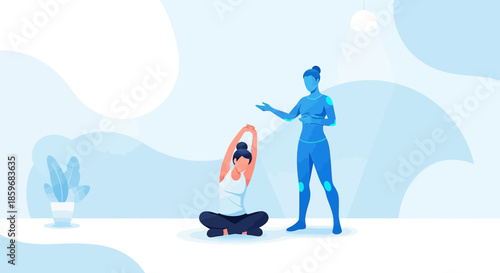 Virtual yoga session with instructor guiding stretching pose in modern studio setting