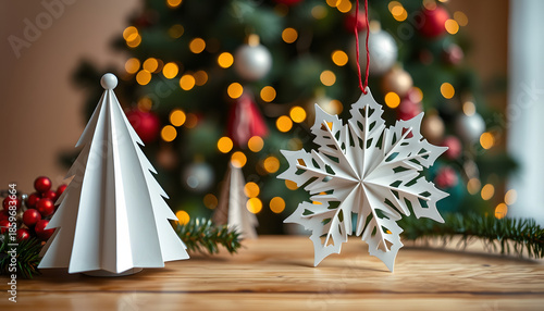 Modern Christmas ornament. Stylish paper decoration on wooden table against christmas tree with golden lights bokeh. Winter holiday preparation, retro style. White tone