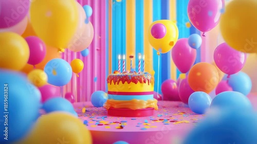 Colorful birthday celebration with cake and balloons in playful setting designed for festive moments