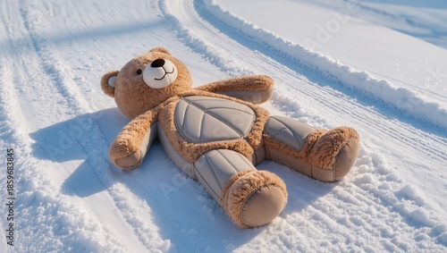 Plush bear pillow cover for children's sled on snowy slope, soft textile with decorative details, creating cozy, playful atmosphere for outdoor winter fun and walks