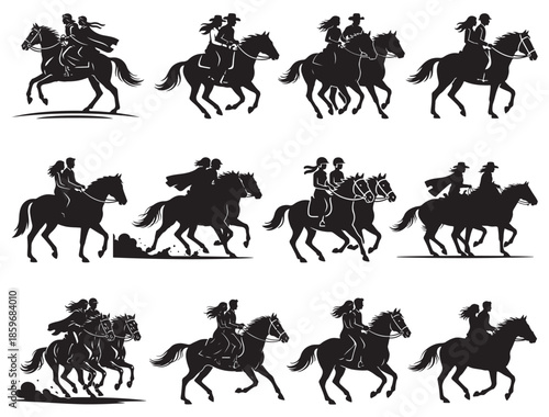 COUPLE RIDING HORSE SILHOUETTE