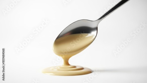 Spoon with mustard sauce on a white surface, studio shot