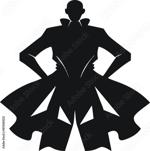 Powerful Heroic Character Silhouette Description: Minimalist vector illustration of a superhero or commander with a flared cape and high collar, symbolizing leadership and strength.