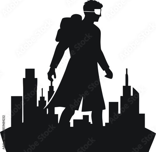 Cyberpunk Urban Explorer Silhouette. Futuristic traveler in a long coat and goggles standing before a city skyline.