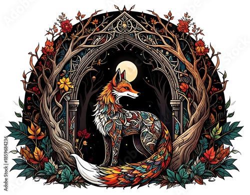 Autumn fox in ornate archway